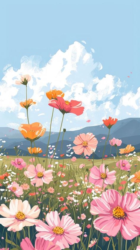 Flower landscape blossom field. | premium image by rawpixel.com Bonito, Painting Fields Landscapes, Wildflower Field Wallpaper, Flower Scenery Painting Easy, Field Flowers Painting, Flower Field Mural, Spring Scenery Drawing, Spring Scenery Landscapes, Watercolour Flower Field