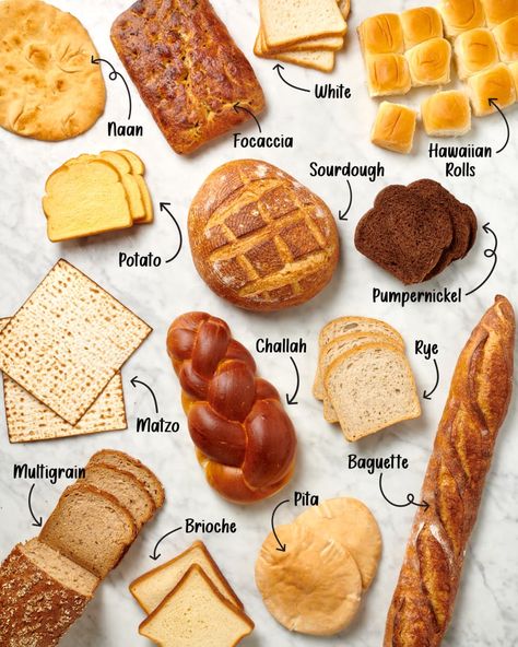 Overhead view of 14 different types of bread laid out on a marble surface. Brioche, Essen, English Bread Recipes, Baking Bread From Scratch, Types Of Bread To Make, Different Breads To Make, Pastry Types, Types Of Breads, Bread Tips