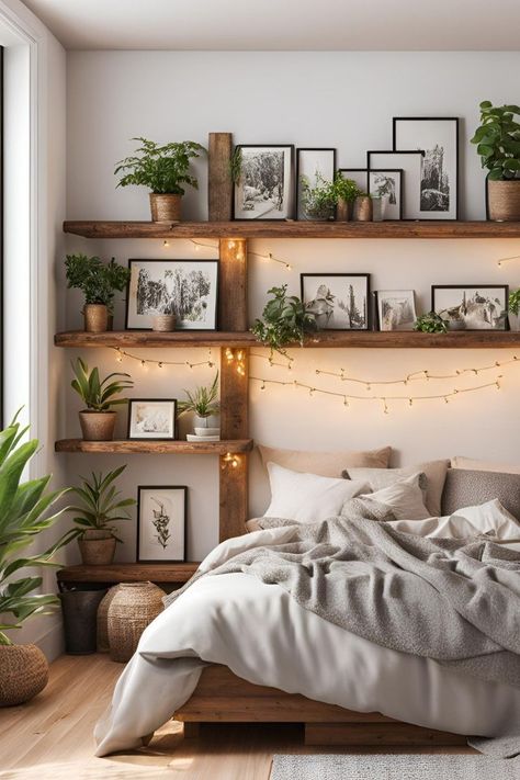 Try out these stunning and easy 22 Bedroom Refresh Ideas on a Budget the next time you want to reorganise your home. Not only are these Ideas easy to do but make such a stunning impact without breaking the bank. These simple Ideas to add Greenery, Floating Shelves, Art etc can make a huge difference. Small Shelf Next To Bed, Bedroom Decor With Shelves, Room With Lots Of Shelves, Beds With Shelves Above, Floating Shelf Over Queen Bed, Plants Over Bed Shelf, Built In Storage Bedroom Wall, Accent Wall Bedroom Shelf, Floating Shelves Around Bed