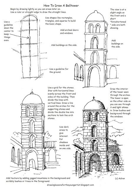 Free Printable How To Draw Worksheet, Draw A Bell Tower Architecture Drawing Sketchbooks, Building Drawing, Seni 2d, Art Worksheets, Bell Tower, Perspective Art, Architecture Drawing Art, Lukisan Cat Air, Landscape Drawings