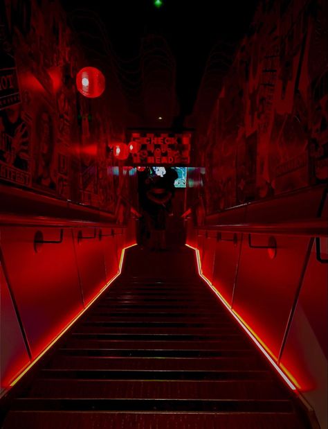 Underground Club Aesthetic, Vampire Nightclub, Basement Nightclub, Basement Vibes, Underground Nightclub, Vampire Aesthetics, Light Stairs, Neon Rouge, Underground Club