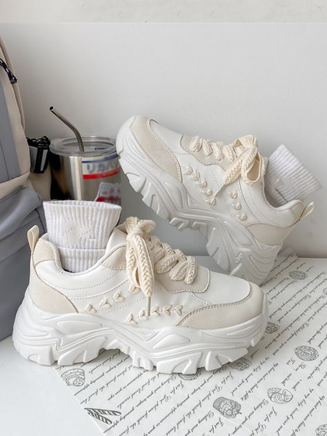 White Sporty Collar   Colorblock Chunky Sneakers Embellished   Women Shoes Chunky Shoe Aesthetic, Chunky Sports Shoes, Shoes Chunky Sneakers, Cool Shoes Sneakers, Aesthetic Chunky Shoes, Chunky Shoes For Women, Aesthetic Shoes For Women, White Sneakers Platform, Chunky Shoes Aesthetic