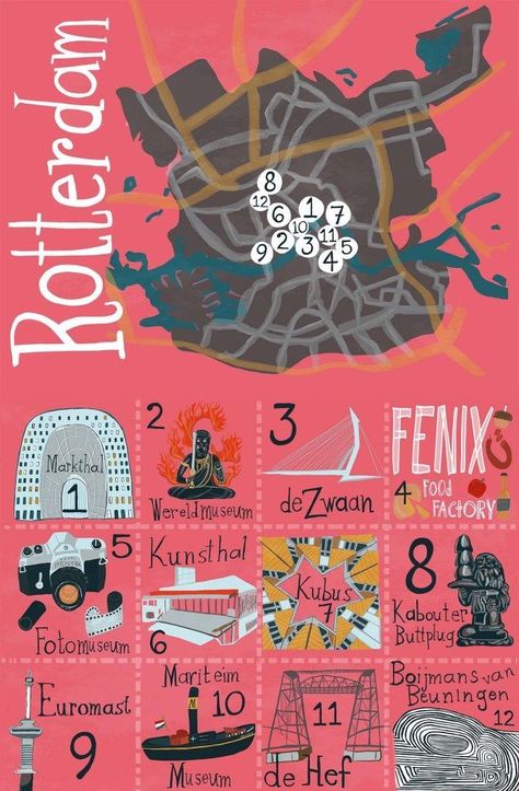 Fun things to do in Rotterdam illustrated map - shoshannah hausmann Rotterdam Things To Do, Rotterdam Map, Rotterdam Netherlands, Map Artwork, Netherlands Travel, Amsterdam Travel, Amsterdam City, Illustrated Map, City Trip