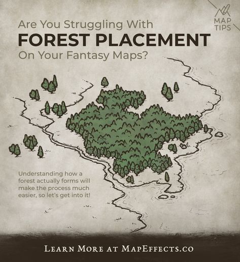 Learn how forests form so you can place them realistically on your fantasy maps. Forest Map Illustration, Fantasy Map Drawing Forest, Fantasy Map Forest, Rice Map, Map Effects, Forest Map, Map Sketch, Fantasy Map Making, Tree Map