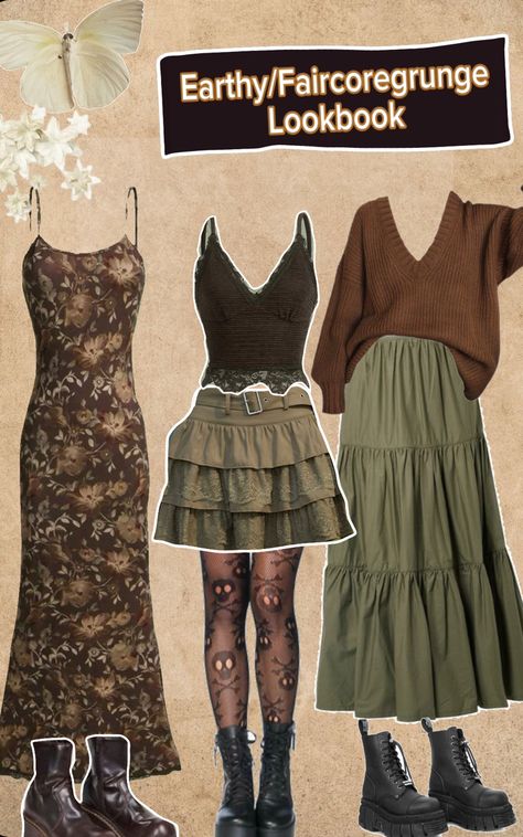 Goblincore Dress Outfit, Fairycore Outfit Casual, Outfit Inspo Cottagecore Grunge, Fall Fairy Outfit Ideas, Dark Fairy Core Aesthetic Outfits, Grunge Earthy Outfits, Prim And Proper Outfits, Fairycore Outfit Summer, Fashion Types Style