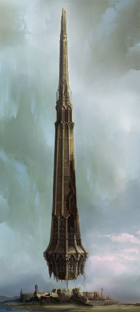 A huge tower floating over the city. The original use was a space colony It became the present after the collision. Copyright by Inuca Interactive Corp. Dnd Space, Evil Tower, Space Colony, Rocket Engine, Creation Art, Location Inspiration, Fantasy Castle, Fantasy City, Fantasy Setting