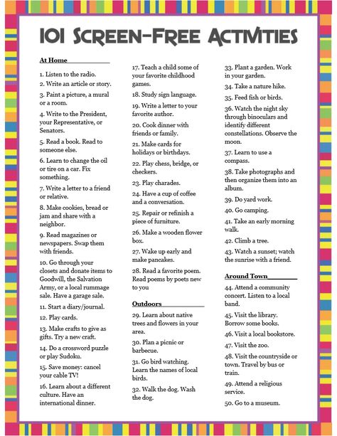 Free Activities For Families, Off Screen Activities, Things To Do In Your Free Time At Home, Less Screen Time Ideas, Fun Free Things To Do With Kids, Activities Instead Of Screen Time, Screen Free Activities For Kids Summer, No Screen Time Activities Adults, Free Entertainment Ideas