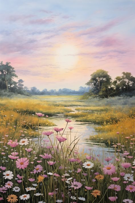 "Embrace the serene beauty of dawn with our \"Tranquil Meadow at Sunrise\" digital artwork. This high-resolution download features a lush landscape bathed in the soft glow of morning light. Delicate wildflowers in hues of pink and white dance in the foreground, leading your eye to a tranquil river that gently meanders through the awakening meadow. The pastel sky, adorned with whispers of clouds, promises the start of a peaceful day. This instant digital download includes a high-quality image in various sizes, allowing you to create stunning prints for your home, office, or as a thoughtful gift. Your purchase will include standard frame sizes, ensuring you can easily find the perfect match for your decor. Please note, this is a digital file purchase and no physical item will be shipped. Upo Meadow Of Flowers Painting, Digital Artwork Landscape, Sky And Flowers Painting, Flower Drawing Pastel, Sunrise Landscape Painting, Meadow Aesthetic Painting, Light Nature Aesthetic, Morning Sky Painting, Soft Pastel Art Landscape