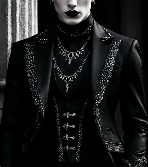 Ai created goth aesthetic. Mens formal goth fashion inspiration #mensgothfashion #goth #fashion #fashionideas Alt Suit Aesthetic, King Aesthetic Outfit, Goth Tuxedo, Charizard Gijinka, Goth Wedding Suit, Zach Core, Gothic Tuxedo, Mens Goth Fashion, Formal Goth