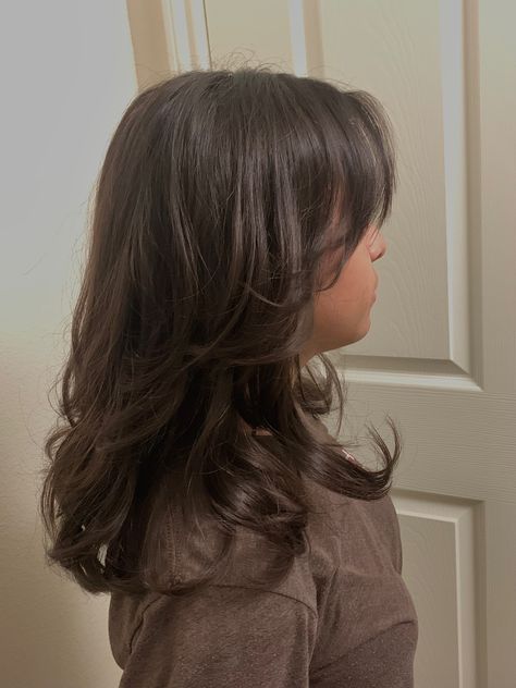 Butterfly Haircut On Thick Hair, Medium Length Hair With Layers 360, Butterfly Haircut Face Framing, Face Framing Curtain Bangs With Long Layers, Medium Short Hair Curtain Bangs, Long Butterfly Cut With Curtain Bangs, Butterfly Haircut Reference, Butterfly Haircut Flat Hair, Short Layered Haircuts With Face Framing