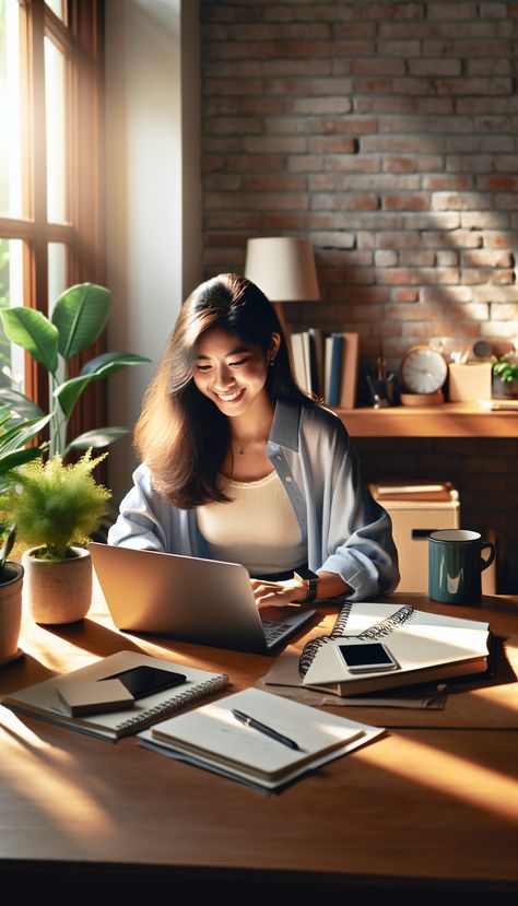 Bright young professional beaming, engrossed in a remote job on a laptop amidst a cozy homely setup. Soft sunlight pours in, enhancing the vibrant, highly productive atmosphere. Click the link in the bio for a $25+/hr remote job opportunity. #WorkFromHome #RemoteJobs #Freelance #JobOpportunity #DigitalNomad #ProfessionalLifestyle Remote Tech Job Aesthetic, Job Images, Job Pictures, Job Opportunity, Tech Job, Business Checklist, Small Home Offices, Target Market, High Paying Jobs