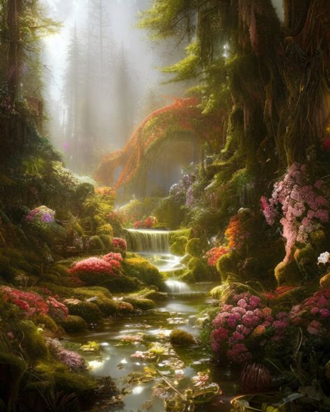 Enchanted Garden Wallpaper, Enchanting Forest Aesthetic, Painting Enchanted Forest, Forest Magical Fairyland, Enchanted Autumn Forest, Enchanted Forest Waterfall, Magic Fairy Forest, Enchanted Forest Paintings, Enchanted Forest Cartoon