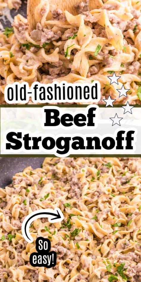 Two image collage of beef stroganoff, with text on image. One Pan Ground Beef Stroganoff, Easy Cheap Ground Beef Dinners, Homemade Beef Stroganoff Crockpot, Taste Of Home Beef Stroganoff, Poor Man's Stroganoff Beef, Poor Mans Stroganoff, Poor Mans Beef Stroganoff, Poor Man Beef Stroganoff, Hamburger Stroganoff Recipe Easy