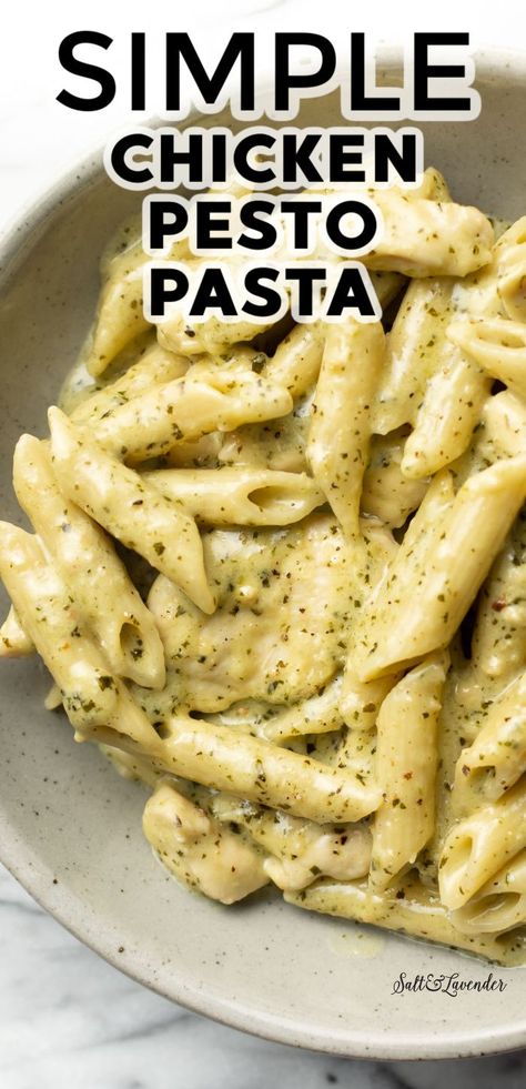 a bowl of penne in creamy sauce with text overlay that reads simple chicken pesto pasta Easy Dinner Recipes With Pesto, Pesto Pasta And Chicken Recipe, Pesto Cream Chicken, Creamy Chicken Pesto Recipes, Best Chicken Pesto Pasta Recipes, Pasta Chicken Pesto Recipes, Chicken And Basil Pesto Recipes, Chicken With Pesto Cream Sauce, Chicken Pesto Pasta Instant Pot