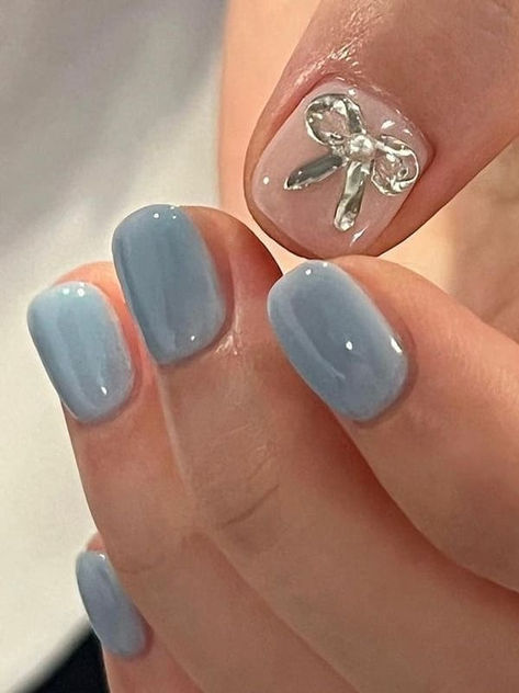 Korean bow nails: light blue nails with a 3d ribbon accent Korean Nails Short Jelly, Blue Nails With Bow, Short Nails Korean Style, Blue Bow Nails, Natural Nail Designs Gel, Short Nail Designs Blue, Blue Korean Nails, Korean Short Nails, Nail Ribbon