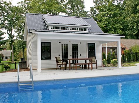 Pool House Inspiration - Kloter Farms Cute Pool House Ideas, Garage With Pool House On Back, Garage Turned Pool House, Pool Houses Small, Pole Barn Pool House Backyard, Enclosed Pool House Ideas, Small Pool Cabana With Bathroom, Pool House Gazebo, Storage Building Pool House