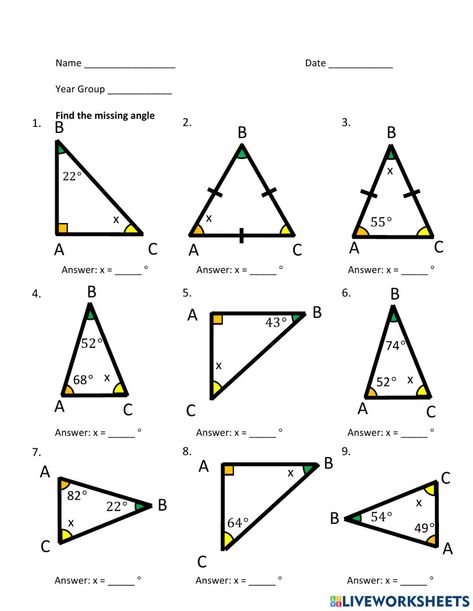 Triangles online worksheet for Grade 5. You can do the exercises online or download the worksheet as pdf. Angles Worksheet For Grade 5, Workbook Layout, Geometric Formulas, Grade 6 Math Worksheets, 9th Grade Math, Triangle Math, Symmetry Worksheets, Math Signs, Triangle Angles