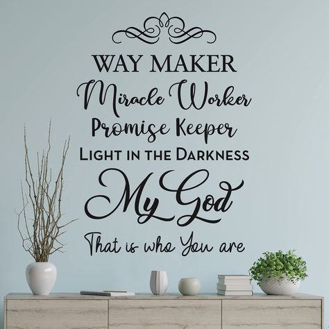 PRICES MAY VARY. INSPIRATIONAL ART: Celebrate and showcase your empowering faith! Simplistic olive branches gorgeously uplift the "Way Maker", biblically-inspired quote in this creative and inspiring art decal design that will enliven any empty wall. HIGH-QUALITY WALL DECAL: Each African American Expressions adhesive one-sided wall art decal is made with high-quality, pre-cut matte vinyl that will breathe faith-inspiring life into your space without damaging your walls. HOME DECOR: Wall art deca African American Expressions, Black Figurines, Way Maker, Bible Wall Decals, Stick Wall Art, Wall Art Decals, Prayer Corner, Light In The Darkness, Bible Words Images