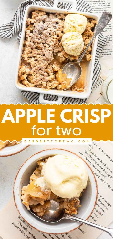 Here's an easy fall recipe you'll want to enjoy all season long! From the sweet filling to the oat topping, this small batch apple crisp for two is everything you want and more. Enjoy this apple dessert recipe with some ice cream! Apple Crisp For Two Recipe, Apple Crisp Recipe Single Serving, Small Pan Apple Crisp, Baked Apples Recipe For Two, Apple Crisp Recipe For Two, Quick Apple Crisp For Two, Two Apple Recipes, Apple Crisp For Two Easy, Single Serving Apple Crumble