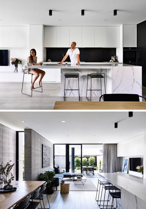 Design Websites, Kitchen Lighting Fixtures Modern, Minimalist Dekor, Black Backsplash, Interior Dapur, Kitchen Black, Interior Minimalista, Kitchen Island With Seating, Island With Seating