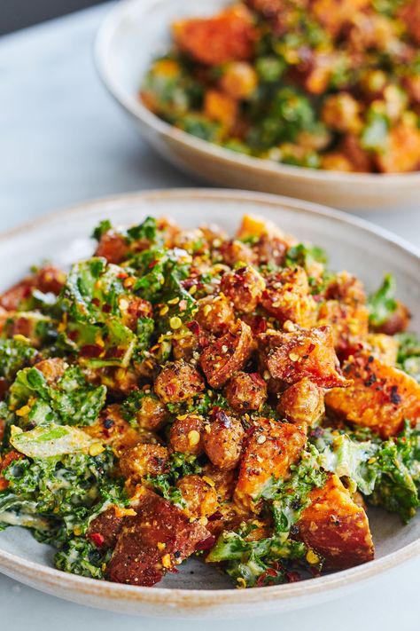 Deliciously Ella’s Creamy Kale and Sweet Potato Saladredmagazine Massaging Kale, Kale And Sweet Potato Salad, Kale Sweet Potato Salad, Deliciously Ella Recipes, Kale And Sweet Potato, Creamy Kale, Sweet Potato Salad Recipe, Sweet Potato Salad, Deliciously Ella