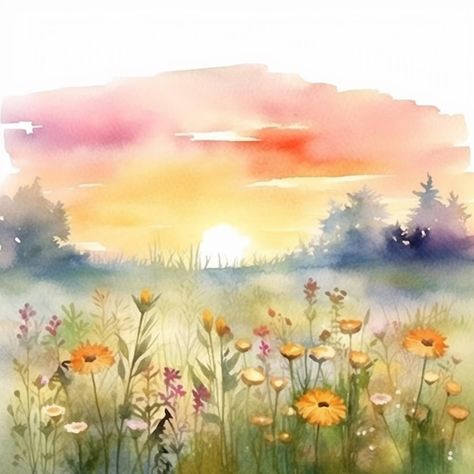 Meadow Painting Watercolor, Meadow Tattoo Fields, Spring Watercolour Ideas, Wall Art Flowers Paint, Spring Painting Watercolor, Watercolour Field Of Flowers, How To Paint A Meadow, Watercolor And Pastel Mixed Media, Field Of Flowers Watercolor