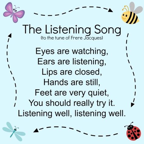 The Listening Song for kids. Joe from parks are rec, aka Keegan Michael Key, sang this song! Listening Song, Oppgaver For Barn, Transition Songs, Circle Time Songs, Classroom Songs, Songs For Toddlers, Kindergarten Songs, Preschool Circle Time, School Songs