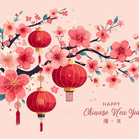 Premium Vector | Free vector 2023 chinese happy new year lantern and sakura flower Chinese New Year Flower Illustration, Happy New Year 2025, Chinese Lantern Drawing, Lanterns Drawing, Cny Design, Chinese Happy New Year, Chinese New Year Lantern, Chinese New Year Festival, Chinese New Year Flower