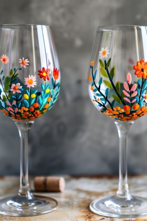 #painting #easypainting Paint Marker Wine Glasses, Diy Glassware Projects, Painting Wine Glasses Diy Flowers, Easy Painting Ideas On Wine Glasses, Wine Glass Design Ideas, Painting Ideas On Glass Cups, Crockery Painting Ideas, Floral Wine Glass Painting, Art And Wine Painting Ideas