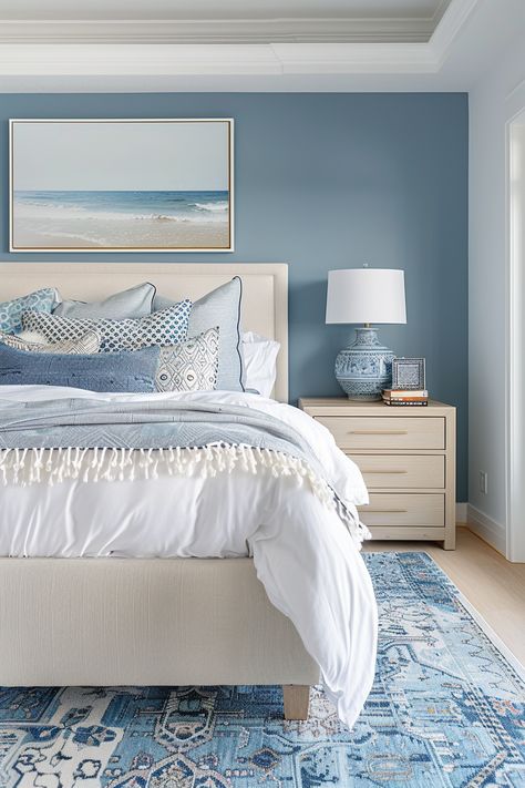 Coastal Bedroom: Relaxed and Breezy Vibes - Quiet Minimal Bedroom Inspirations Master Color Schemes Light Blue, Beach Bedroom Colors Paint, Sw Tradewind Bedroom, Room Color Ideas Bedroom Paint Inspiration Interior Design, Seaside Apartment Interior Design, Lake Houses Interiors, Beach Theme Bedroom Colors, Coastal Bedroom Inspiration, Beach Vibe Living Room