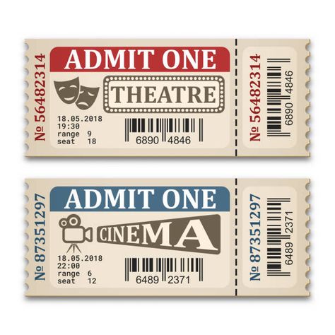 Movie Theater Clip Art, Theatre Ticket Aesthetic, Movie Theater Tickets Free Printable, Vintage Theatre Ticket, Theatre Ticket Template, Theater Ticket Design, Movie Ticket Ideas, Movie Ticket Drawing, Ticket Design Vintage