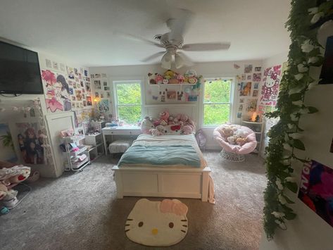 sanx / sanrio / rilakkuma / anime / madoka magica themed room! Bedroom Ideas Pink Walls, Girly Anime Room, She Shed Room Ideas, Kawaii Loft Bedroom, Sanrio Themed Bedroom, Cute Room Anime, Room Claims For Dr, 2 Beds In One Room Ideas Aesthetic, Calm Room Ideas Bedrooms