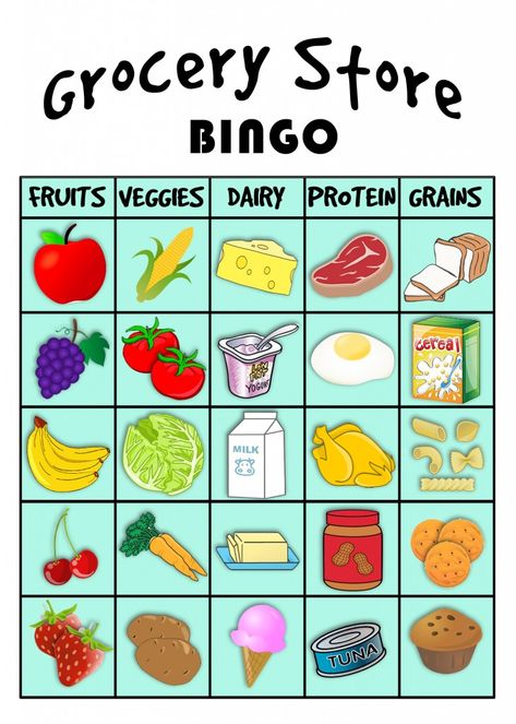 Grocery Store BINGO!  Free printable download for the kids to play on your next trip to the store.  Learning the 5 food groups & smart choices. Food Groups For Kids, 5 Food Groups, Bingo Free Printable, Preschool Food, Bingo Sheets, Nutrition Activities, Food Activities, Food Pyramid, Food Groups