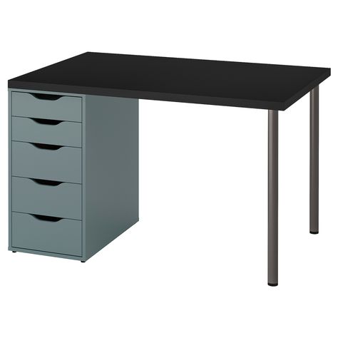 Mix and match your choice of table top and legs – or choose this ready-made combination. Strong and light-weight, made with a technique that uses less raw materials, reducing the impact on the environment. MÅLVAKT / ALEX Desk Color:Black/grey-turquoise Alex Desk, Desk Gray, Alex Drawer, Ikea Alex, Desk Size, Plastic Edging, Grey Desk, Glass Desk, Craft Desk