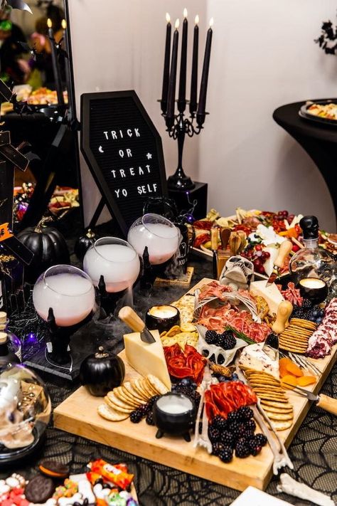 Ellaween Halloween Birthday on Kara's Party Ideas | KarasPartyIdeas.com Halloween Party Platter Ideas, Psychic Party Decorations, Halloweentown Party Ideas, Halloween Food Setup Ideas, Halloween Party Food Display, Halloween 50th Birthday Party, Halloween Theme Party Ideas For Adults, Adult Halloween Party Themes, Halloween Buffet Decor