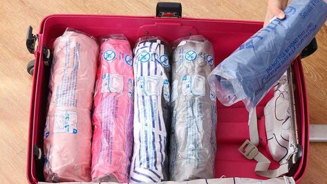 They’re even better at saving space than packing cubes — and cheaper, too. Travel Vacuum Bags, Vacuum Bags For Travel, Compression Bags For Travel, Bags For Travel, Space Bags, Single Travel, Carry On Packing, Vacuum Storage Bags, Vacuum Storage