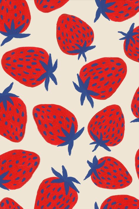 Pattern designed by Criativo Thatu, inspired by fruits of the garden. Available on @patternbank Cute Fruit Pattern, Funky Fabric Prints, Trending Prints 2024, Fruit Print Pattern, Pattern 2024 Trend, Trending Patterns 2024, Pattern Trends 2024, Strawberry Graphic Design, Fruit Illustration Design