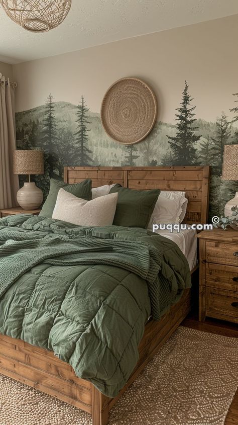 Cabin Primary Bedroom, Dark Blue Bedroom Ideas Colour Schemes, Outdoorsy Bedroom Ideas, Mountain Themed Room, Woodsy Room Ideas, Modern Cabin Bedroom Ideas, Earthy Decor Ideas, Green Forest Bedroom, Bathroom Mirror Shelves