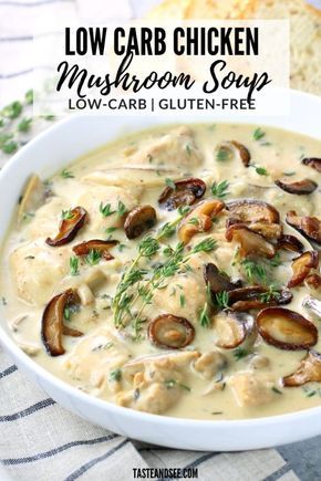 This Low Carb Chicken and Mushroom Soup is a creamy and soul-warming bowl of delicious comfort food.   #ChickenRecipes #ChickenDinner #ChickenSoupRecipe #EasyMeals #EasyDinnerRecipes #TasteAndSee  | With three kinds of cheese, three kinds of mushrooms, and the most tender,  flavorful chicken! Low Carb Healthy Soup, Creamy Keto Chicken Soup, Creamy Chicken Mushroom Soup Recipes, Low Carb Chicken Mushroom Soup, Low Carb Chicken Wild Rice Soup, Low Carb Chicken Soups, Chicken Soup With Mushrooms, Creamy Low Carb Soup, Low Calorie Low Carb Soup Recipes