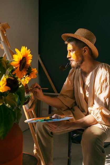 Free photo full shot man painting on ca... | Free Photo #Freepik #freephoto #pose #man-portrait #young-man #portrait Human Portrait Painting, Artist Posing With Painting, Painter Portrait Photography, Photos For Painting Reference, Painter Pose, Artist Portrait Photography, Painting Pose, Painter Man, A Man Painting