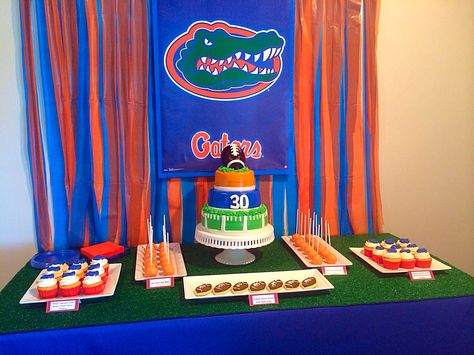 Florida Gators Football Party Dessert Table Football Party Desserts, Gator Party, Trunk Party, Florida Gators Football, Gators Football, Florida Gator, Football Birthday Party, Party Dessert Table, Football Birthday