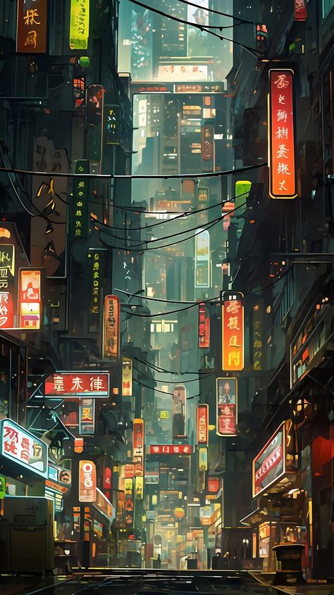 Japanese City Fantasy Art, Japan Cyberpunk Wallpaper, Cyberpunk Cityscape Art, Abandoned Cyberpunk City, Cyberpunk City Drawing Sketch, Sci Fi Fantasy City, Simple City Painting, Cyberpunk City Drawing, Cyberpunk Environment Concept Art