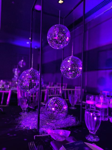 Euphoric Aesthetic Party, Night At The Disco Prom, Euphoria Prom Decoration, Sweet Sixteen Euphoria Theme, Club Theme Sweet 16, Sweet 16 Masquerade Party Purple, Euphoria Hoco Theme, Prom Euphoria Theme, Euphoria Table Decorations