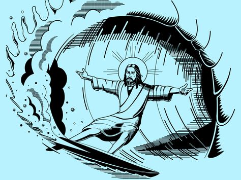 Jesus Shreds by Joshua Ariza Easter Graphic Design, Cool Jesus, Surf Artwork, Faith Based Art, Surfing Art, Surf Tattoo, Tarot Tattoo, Nautical Tattoo, Surfboard Art