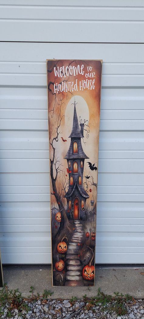 Halloween Witch Porch Signs, Fall Painted Porch Signs, Halloween Wood Painting, Painted Fall Signs, Halloween Porch Signs Diy, Painted Halloween Signs, Haunted House Painting, Halloween Porch Signs, Fall Porch Signs