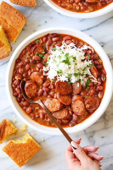 Red Beans and Rice - So thick, so creamy and so flavorful! The beans are cooked just right - perfectly tender, served with rice and smoky andouille sausage. Damn Delicious Red Beans And Rice, Healthy Red Beans And Rice Recipe, Quick And Easy Rainy Day Dinner, Red Rice And Beans, Best Red Beans And Rice Recipe, Red Beans And Rice Canned Beans, Red Beans And Rice Recipe Stovetop, Healthy Red Beans And Rice, Red Beans And Rice Crockpot