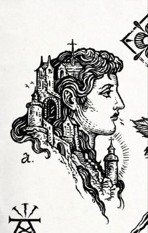 Fantasy city of castles in a portrait of a medieval woman in the style of cross hatching lino cut print. Unknown artist. Medieval Woman Tattoo, Medieval Wall Art, Lino Print Style Tattoo, Medieval Woman Drawing, Medevil Drawings, Castle Tattoo Medieval, Vintage Gothic Art, Medieval Style Art, Medieval Art Style