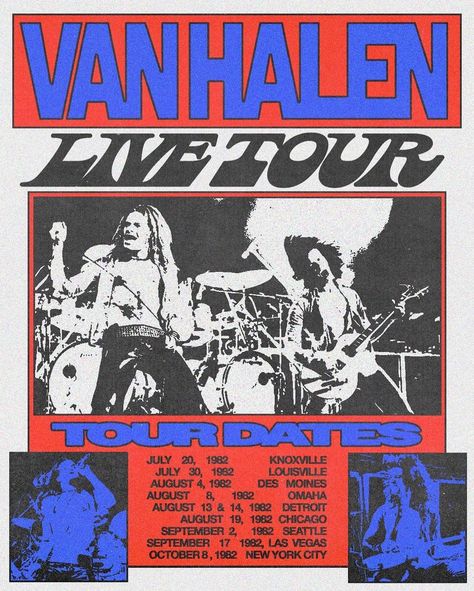 Echoes of Rock's Golden Era 🎸🔴🔵 This poster celebrates the @vanhalen 1982 live tour and reverberates with the raw energy of live music, captured in a halftone print that harks back to the gritty soul of 80's rock concerts.⁣ ⁣ Radical poster by @fairict⁣ ⁣ #indiefound #creativecommunity #inspiration #graphicdesign #rockposter #halftone #livemusic #vintageposter Vintage Rock And Roll Posters, 80 Poster Design, Live In Concert Poster, Band Competition Poster, 90s Rock Band Posters, Rock Tour Posters, 80s Concert Posters, Concert Graphic Design Poster, Band Show Poster