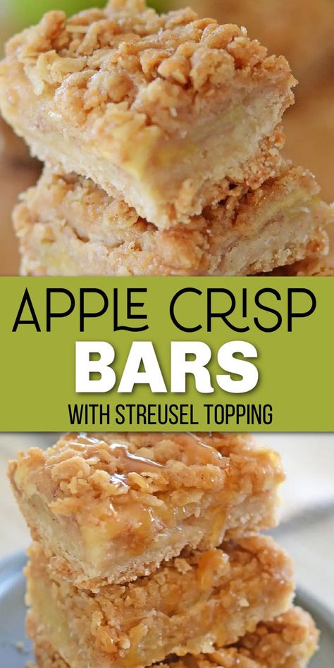 Squares of apple crisp bars with a streusel topping with Pinterest overlay. Easy Fall Bar Recipes, Apple Pie Bars Using Store Bought Crust, Apple Crisp With Streusel Topping, Apple Crisp Bars Easy, Apple Crisp With Shortbread Crust, Apple Pie Millionaire Bars, The Best Apple Crisp Recipe, Apple Crisp Bars Recipe With Oats, Apple Baking Recipes Healthy