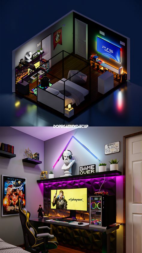 This RGB bedroom designed for @henry_j__ with some Harry Potter accessories in a budget of 1.8K USD Size of room : 5x4 meters Gamer And Office Room, Game Room Ideas Aesthetic, Men Gamer Room, Basement Gaming Setup, Room Decor Ideas Gaming, Tech Themed Bedroom, Video Game Set Up In Bedroom, Ideas For Gaming Room, Game Room Layout Floor Plans